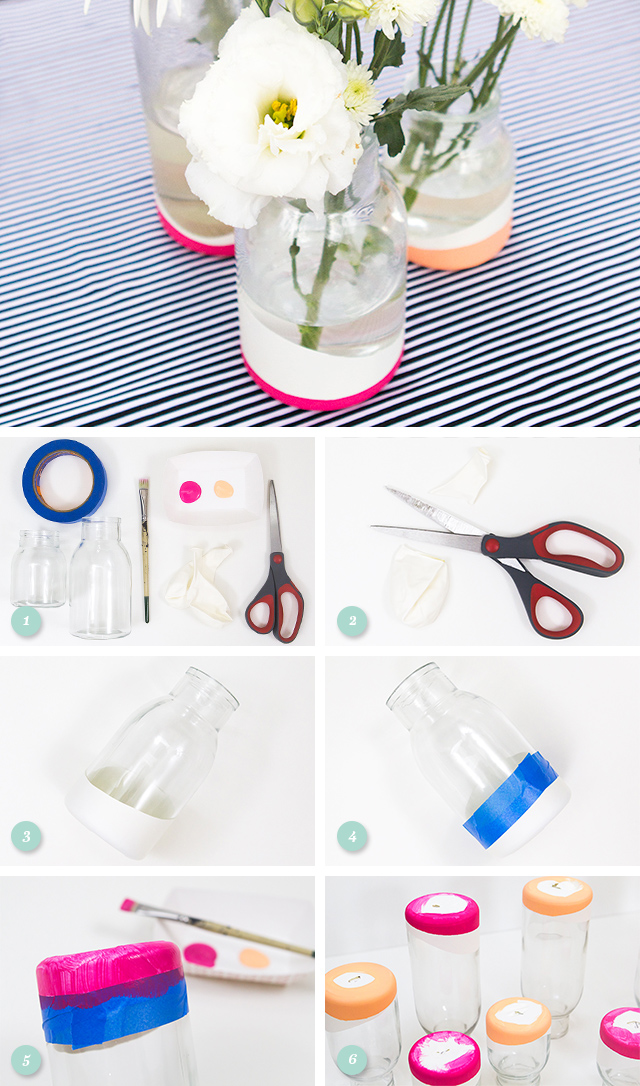 Learn how to transform basic jars into paint dipped looking vases using balloons and paint. You can easily remove the balloons and replace them with different colored ones for your next party.